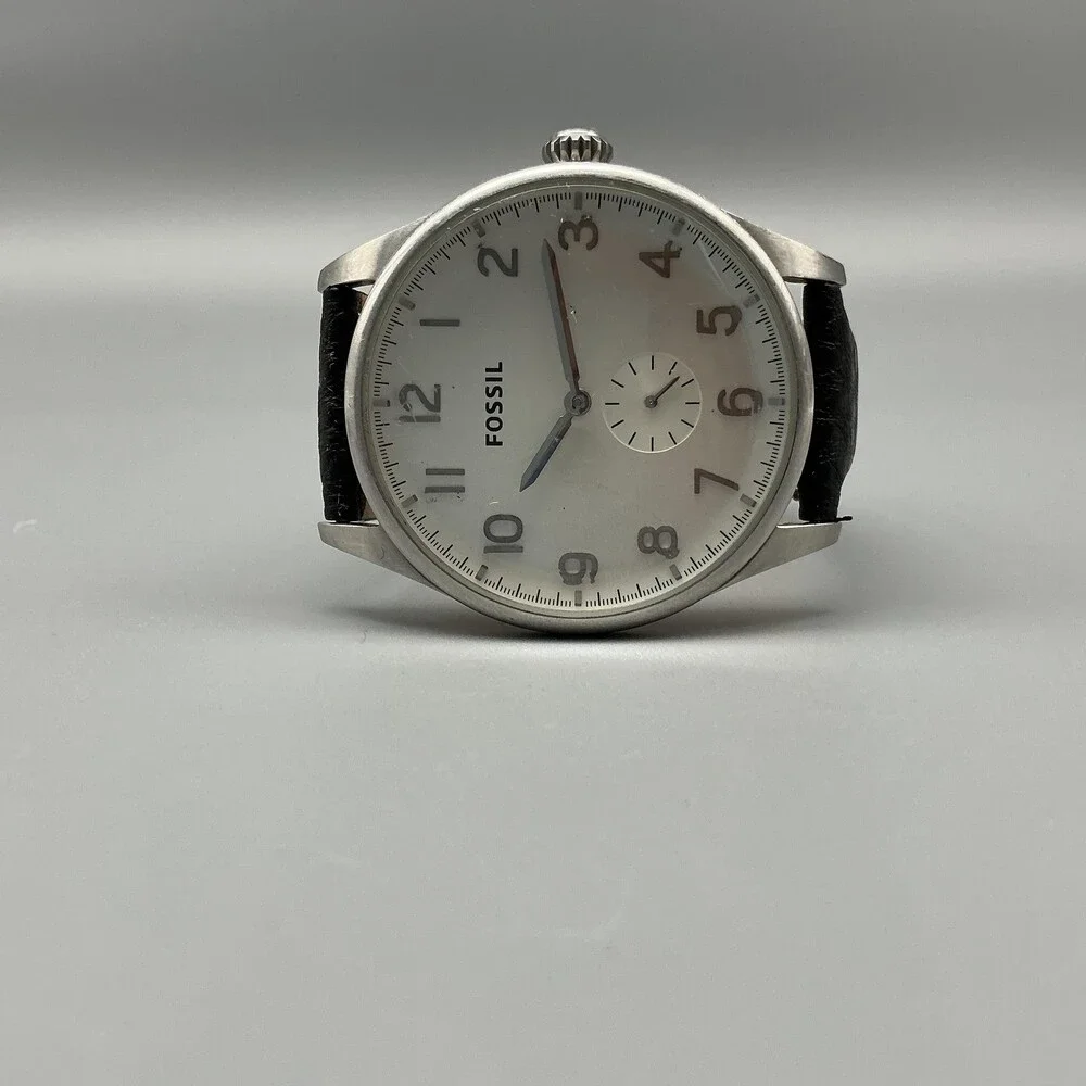 Fossil Mens Watch 42mm Silver Tone Black Leather Small Seconds New Battery